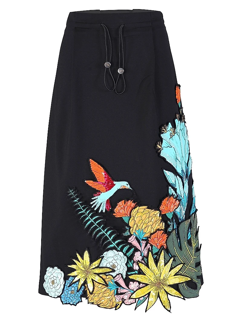 Floral Appliqué A-Line Midi-Skirt