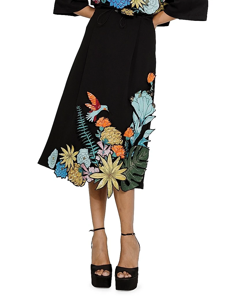 Floral Appliqué A-Line Midi-Skirt