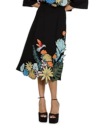 Floral Appliqué A-Line Midi-Skirt