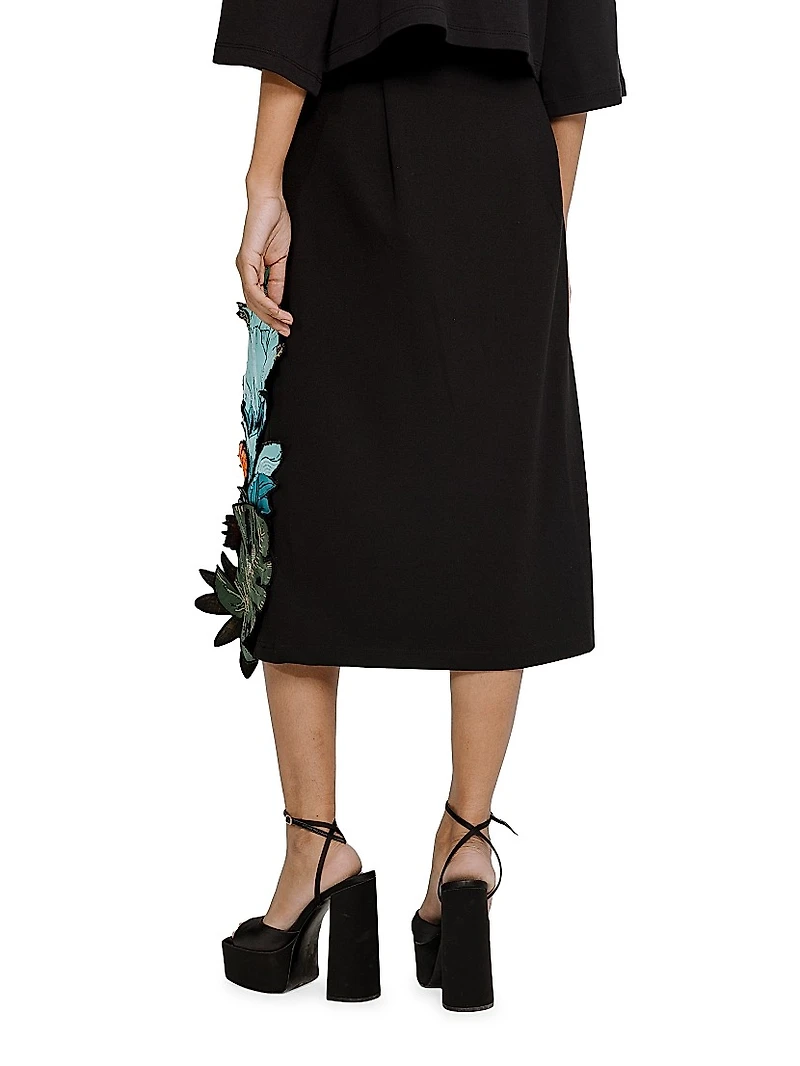 Floral Appliqué A-Line Midi-Skirt