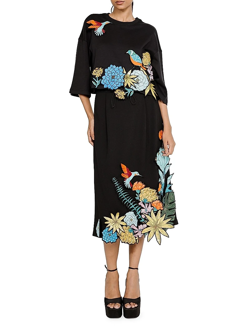 Floral Appliqué A-Line Midi-Skirt