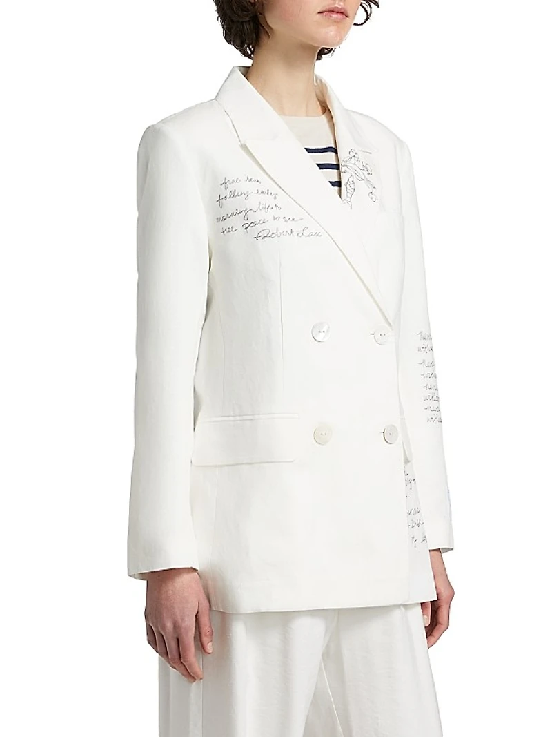 Chora Embroidered Linen-Cotton Double-Breasted Blazer