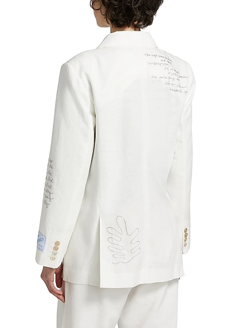 Chora Embroidered Linen-Cotton Double-Breasted Blazer