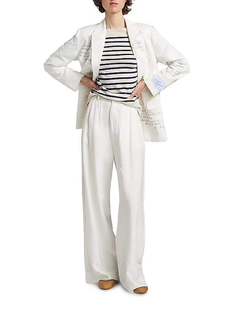 Chora Embroidered Linen-Cotton Double-Breasted Blazer