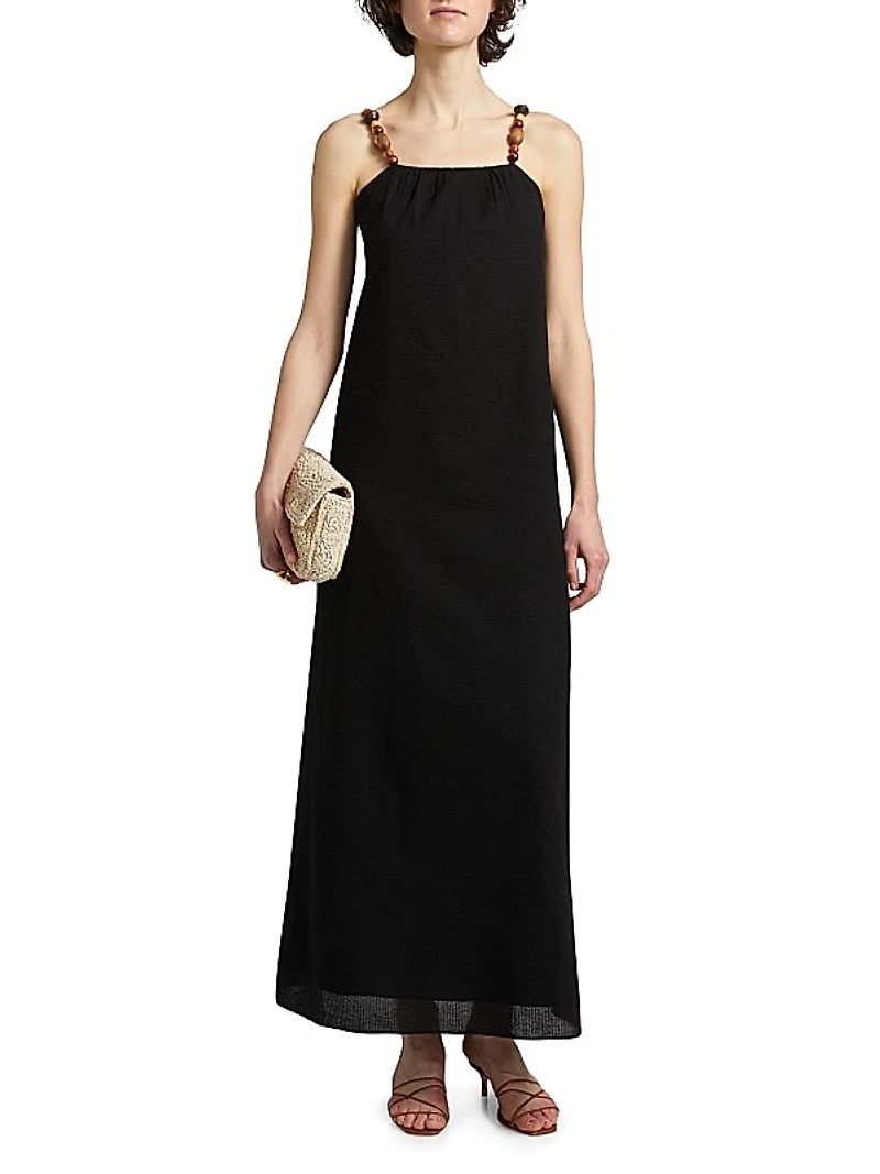 Grikos Beaded Cotton Seersucker Maxi Dress