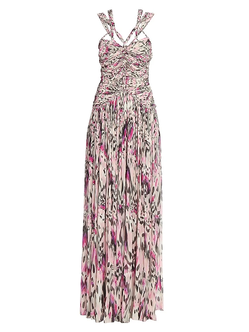 Rafael Ruched & Braided Printed Silk Dress