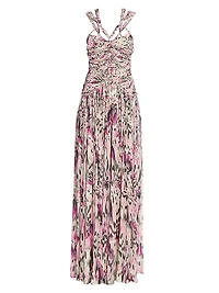 Rafael Ruched & Braided Printed Silk Dress