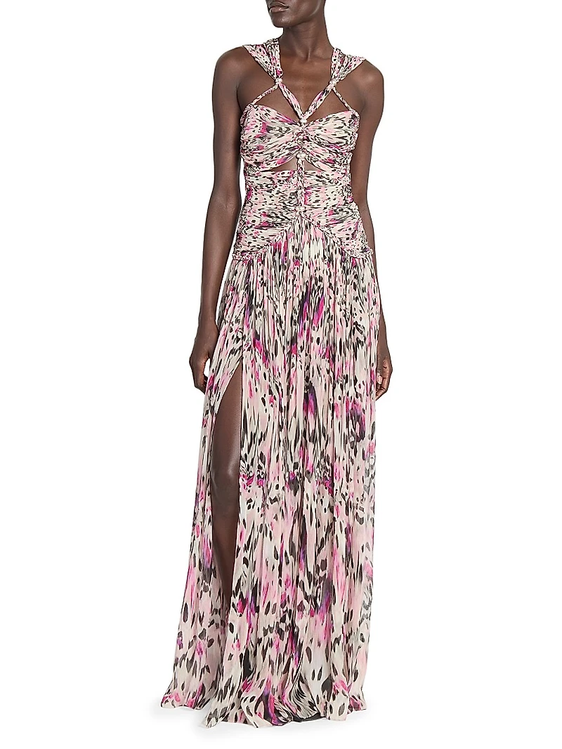 Rafael Ruched & Braided Printed Silk Dress