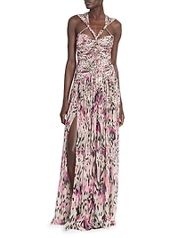 Rafael Ruched & Braided Printed Silk Dress