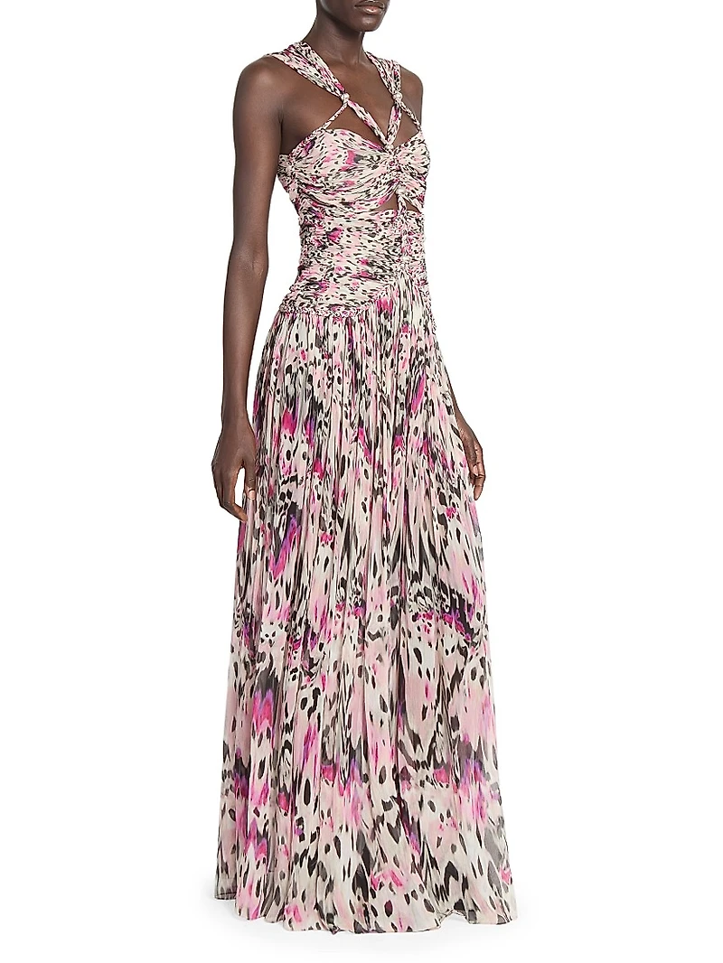 Rafael Ruched & Braided Printed Silk Dress