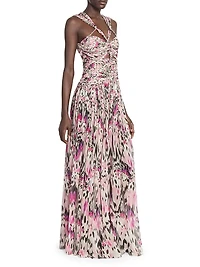 Rafael Ruched & Braided Printed Silk Dress