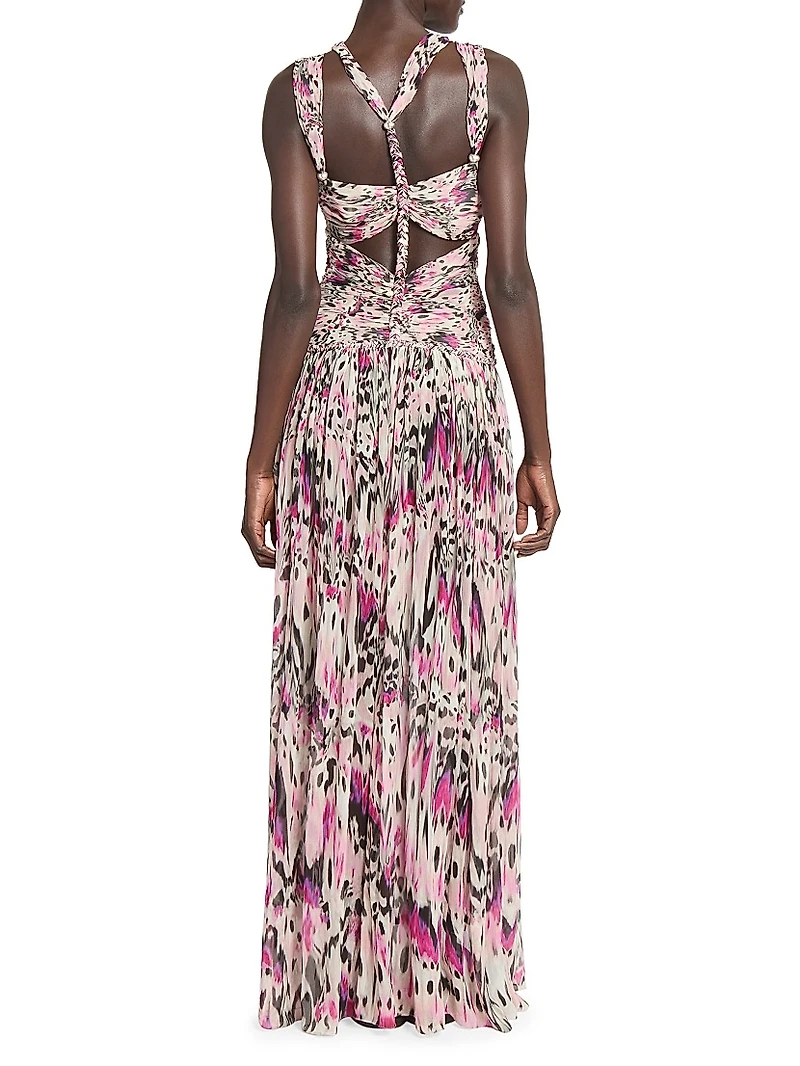 Rafael Ruched & Braided Printed Silk Dress