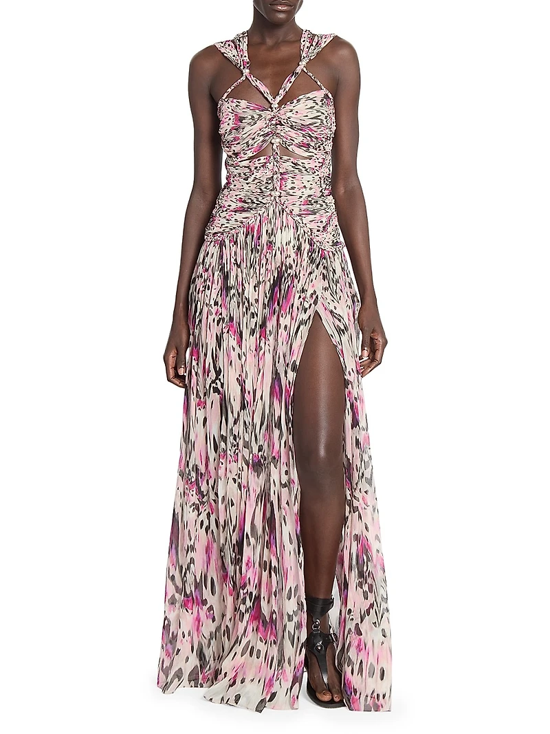 Rafael Ruched & Braided Printed Silk Dress
