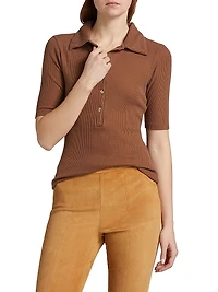 Rib-Knit Stretch Fitted Polo Top