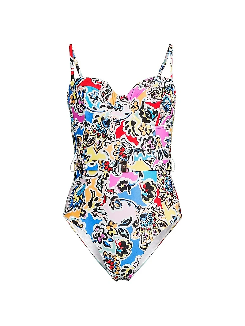 Rainbow Oasis Floral Belted One-Piece Swimsuit