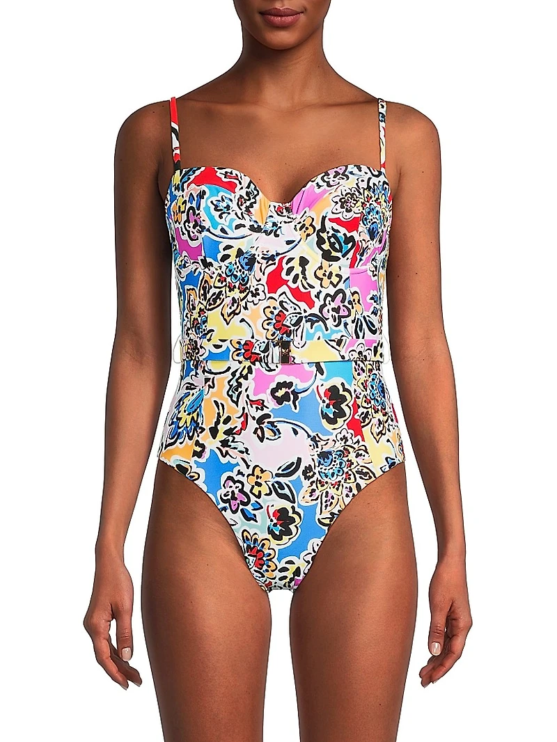 Rainbow Oasis Floral Belted One-Piece Swimsuit