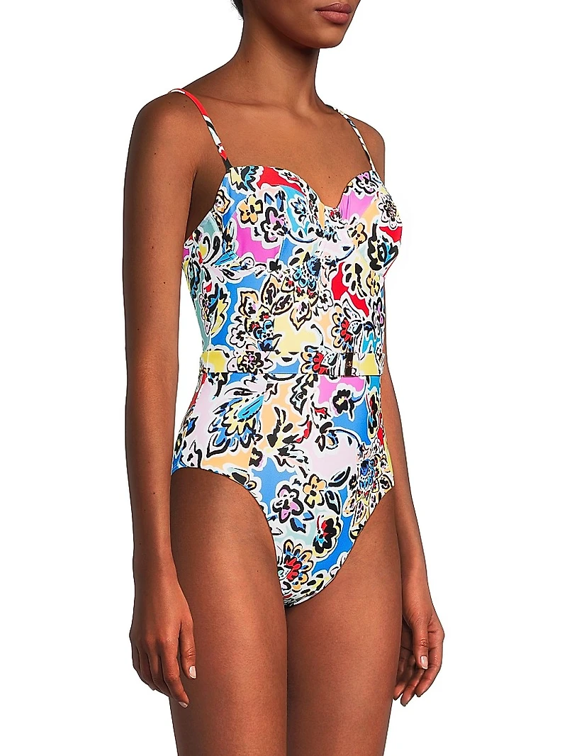 Rainbow Oasis Floral Belted One-Piece Swimsuit