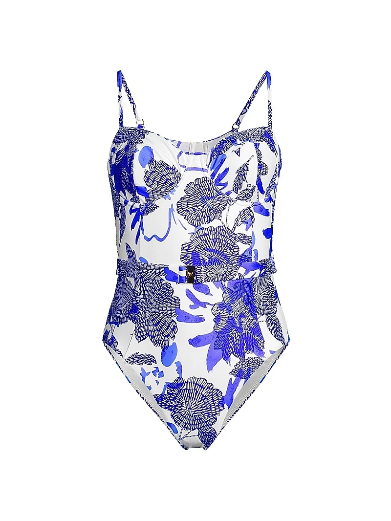 Brushwork Floral Belted One-Piece Swimsuit