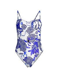 Brushwork Floral Belted One-Piece Swimsuit