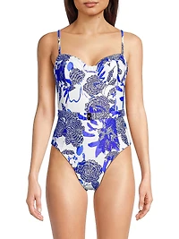 Brushwork Floral Belted One-Piece Swimsuit