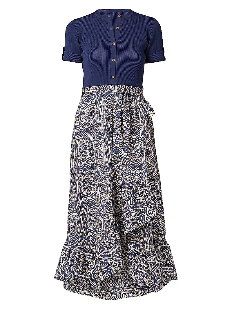 Rayna Mixed-Media Ruffled-Skirt Midi-Dress