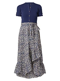 Rayna Mixed-Media Ruffled-Skirt Midi-Dress