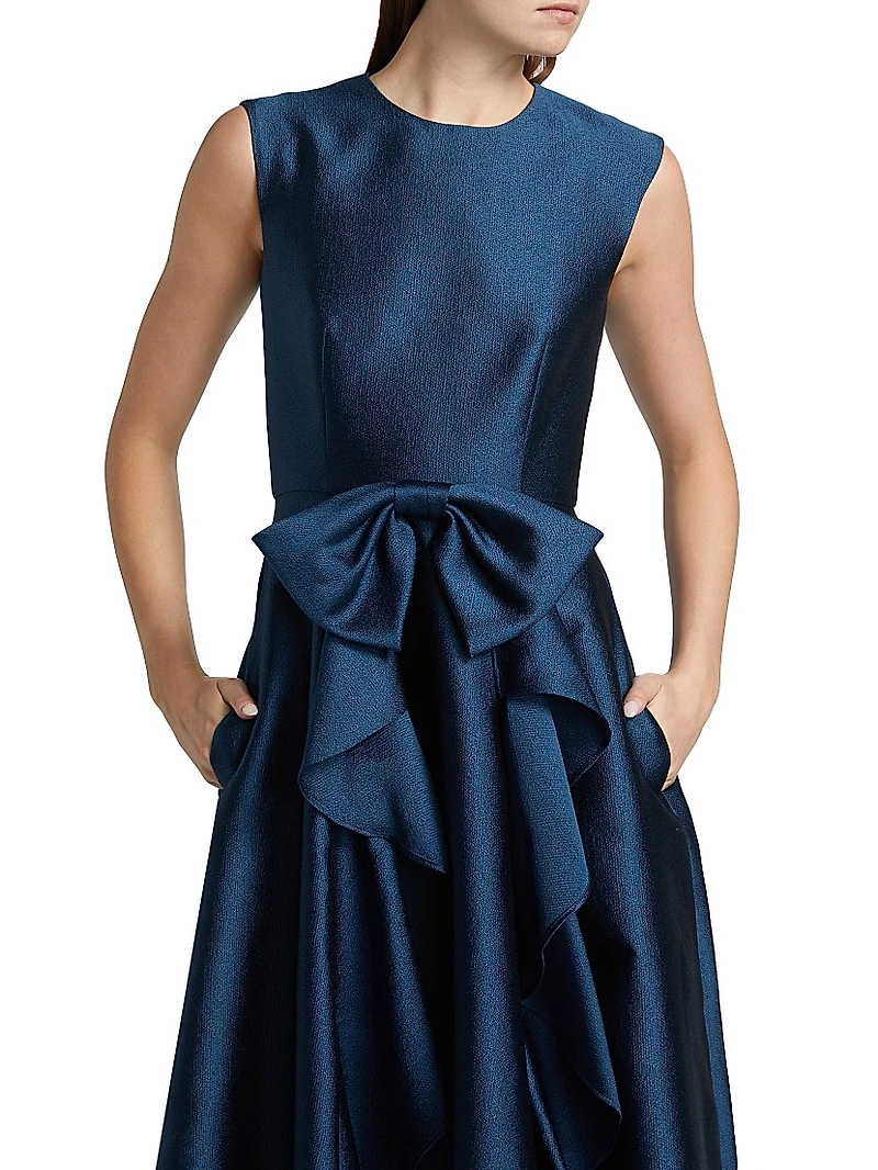 Leo Textured Satin Bow Midi-Dress