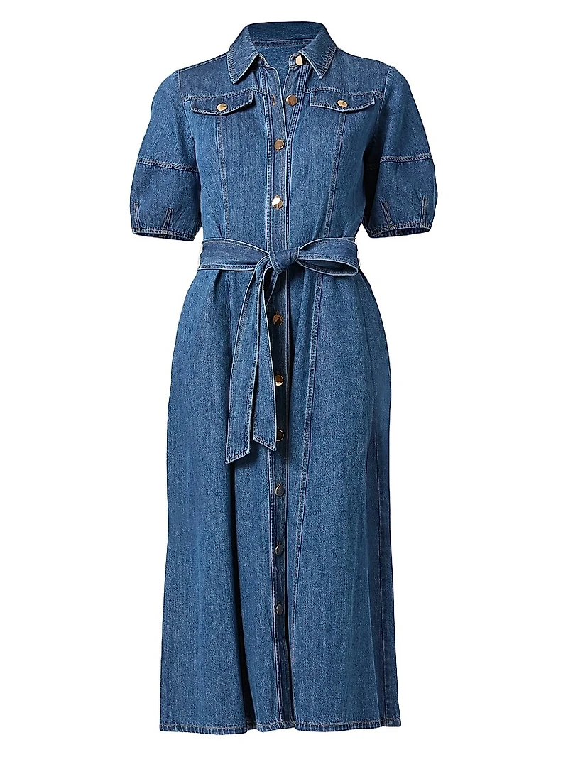 Mara Puff-Sleeve Denim Midi-Shirtdress