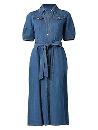 Mara Puff-Sleeve Denim Midi-Shirtdress