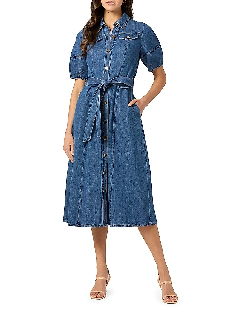 Mara Puff-Sleeve Denim Midi-Shirtdress
