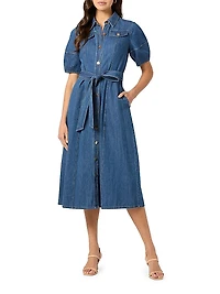 Mara Puff-Sleeve Denim Midi-Shirtdress