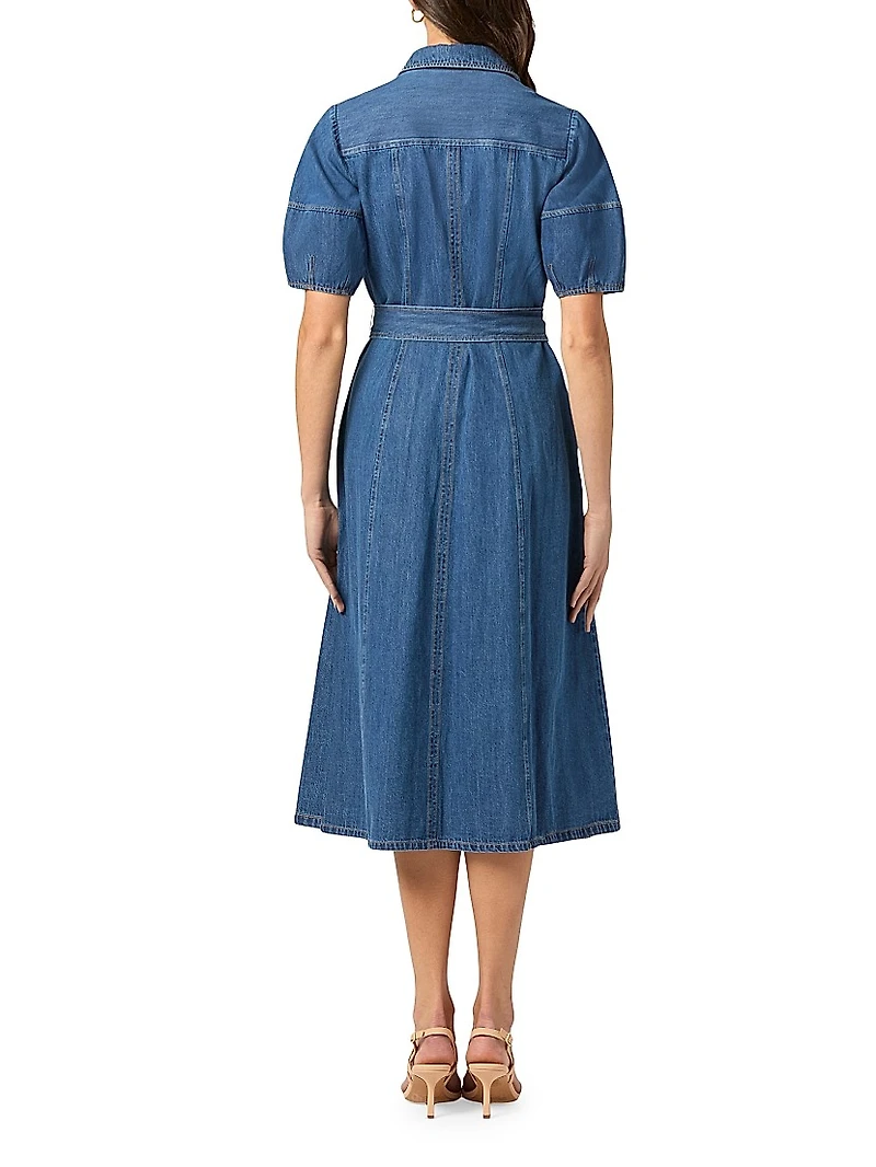 Mara Puff-Sleeve Denim Midi-Shirtdress