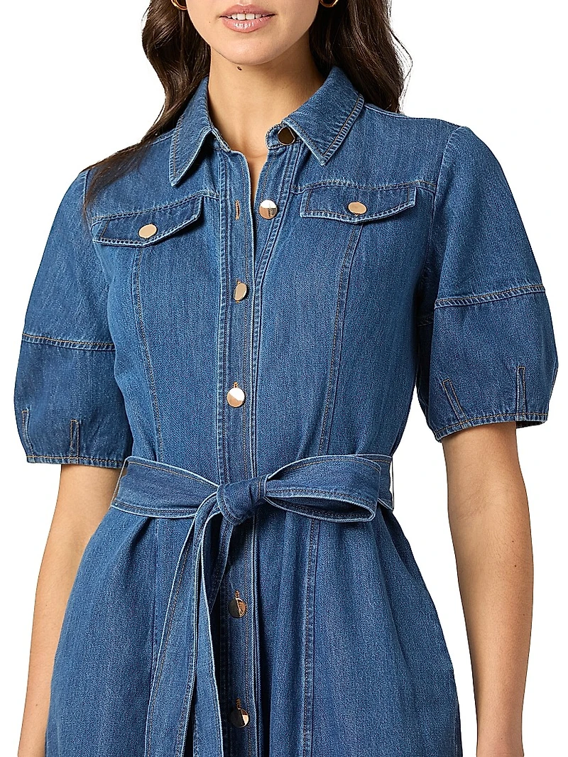 Mara Puff-Sleeve Denim Midi-Shirtdress
