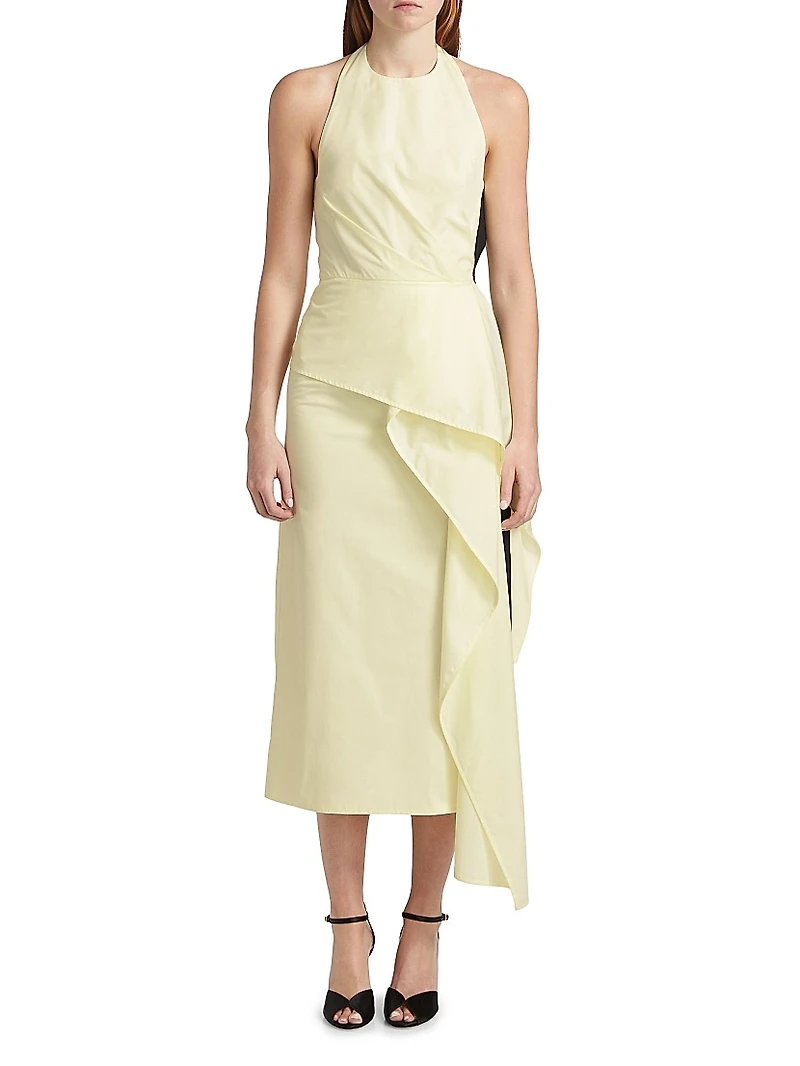 Selene Draped Cotton Halter Midi-Dress