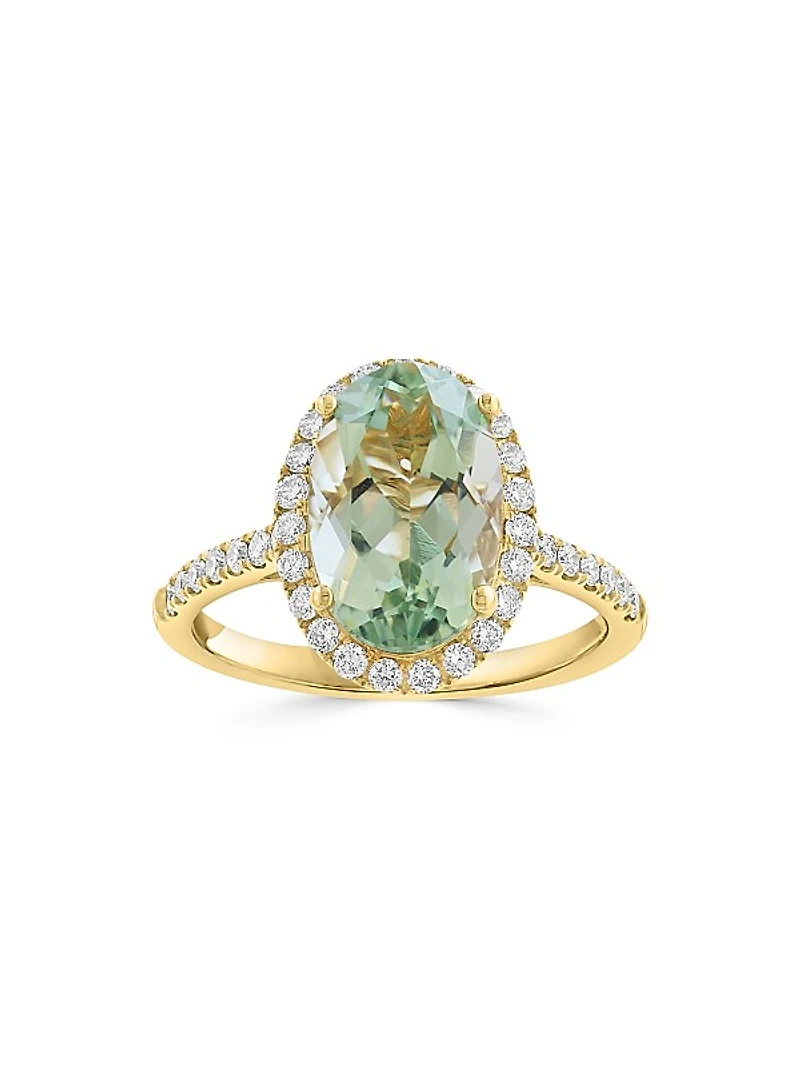14K Yellow Gold, Green Amethyst & 0.45 TCW Diamond Halo Ring