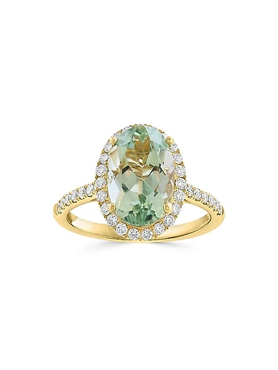 14K Yellow Gold, Green Amethyst & 0.45 TCW Diamond Halo Ring