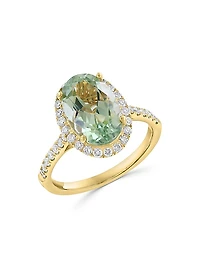 14K Yellow Gold, Green Amethyst & 0.45 TCW Diamond Halo Ring