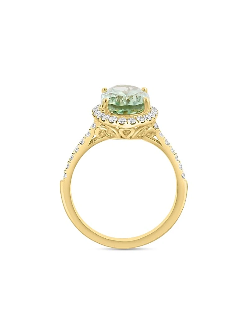 14K Yellow Gold, Green Amethyst & 0.45 TCW Diamond Halo Ring