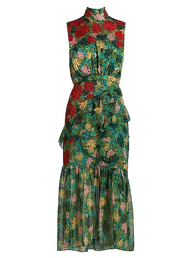 Fleur Ruffle Floral Silk Midi-Dress