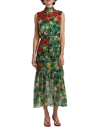 Fleur Ruffle Floral Silk Midi-Dress