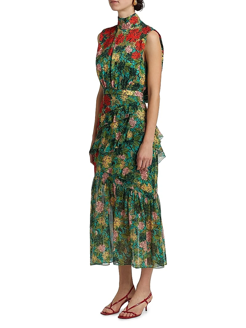 Fleur Ruffle Floral Silk Midi-Dress