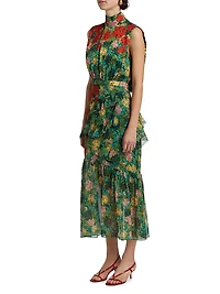 Fleur Ruffle Floral Silk Midi-Dress