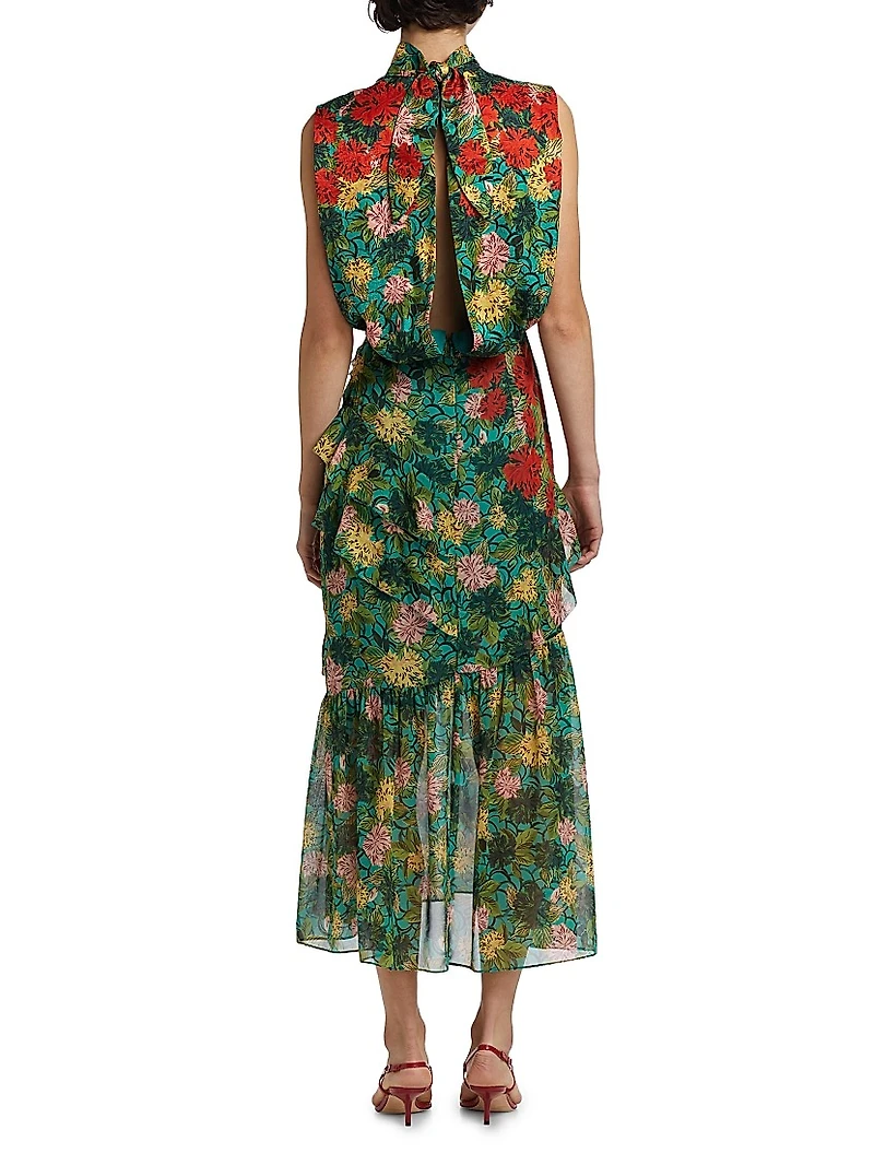 Fleur Ruffle Floral Silk Midi-Dress