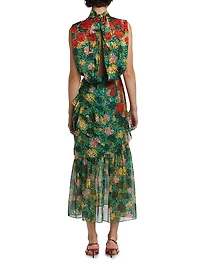 Fleur Ruffle Floral Silk Midi-Dress