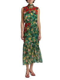 Fleur Ruffle Floral Silk Midi-Dress