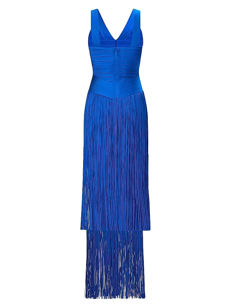The Brigitte Bandage Fringed Tiered Halterneck Gown