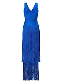 The Brigitte Bandage Fringed Tiered Halterneck Gown