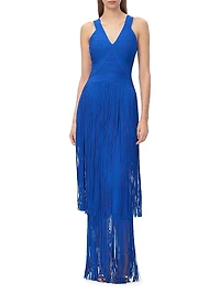 The Brigitte Bandage Fringed Tiered Halterneck Gown