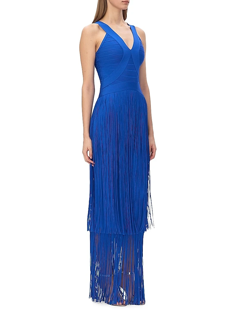 The Brigitte Bandage Fringed Tiered Halterneck Gown