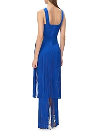 The Brigitte Bandage Fringed Tiered Halterneck Gown